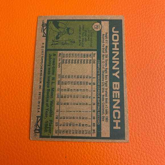 1977 Topps Baseball Johnny Bench #70, Reds - Picture 2 of 3